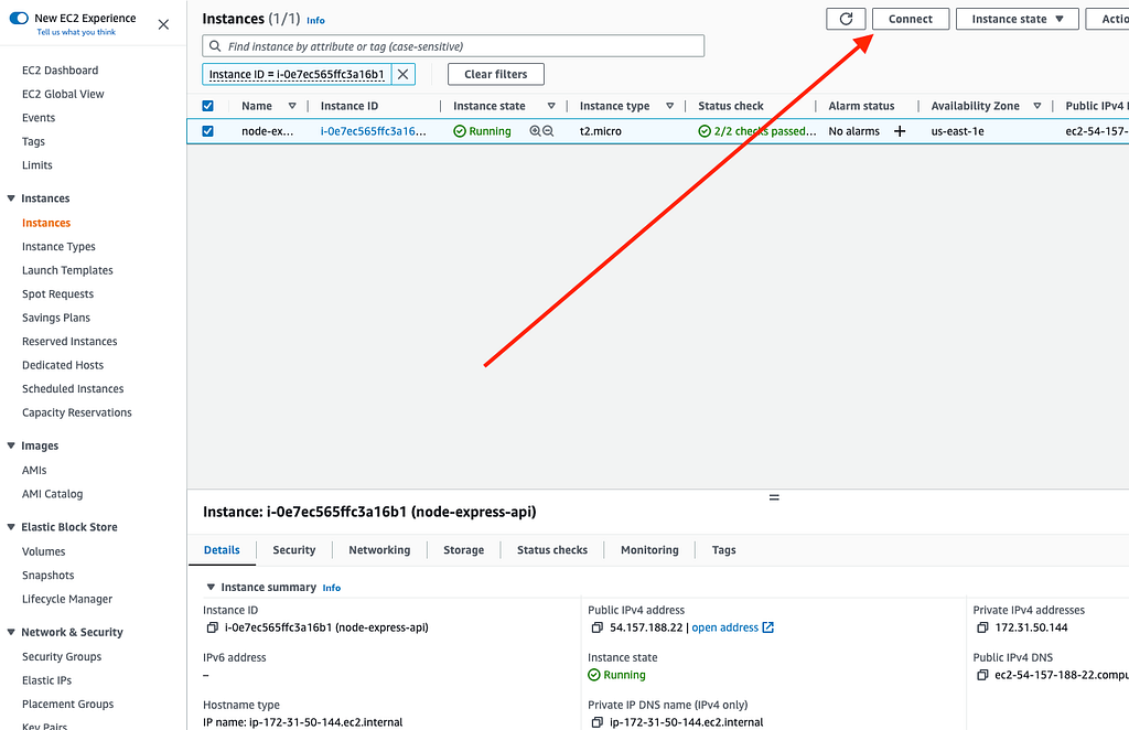 Select EC2 instance and click Connect