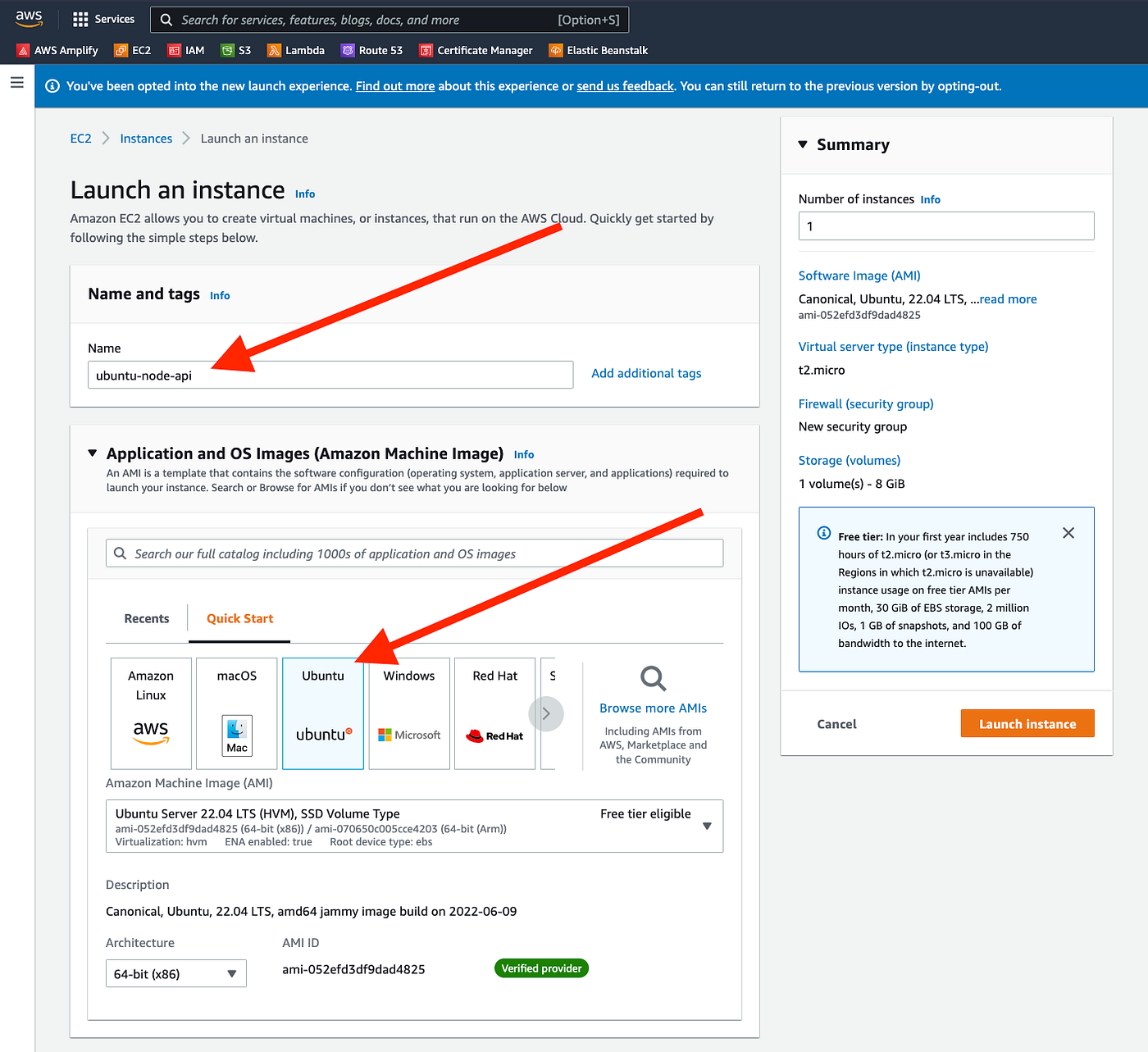 Name and Select Ubuntu, free tier